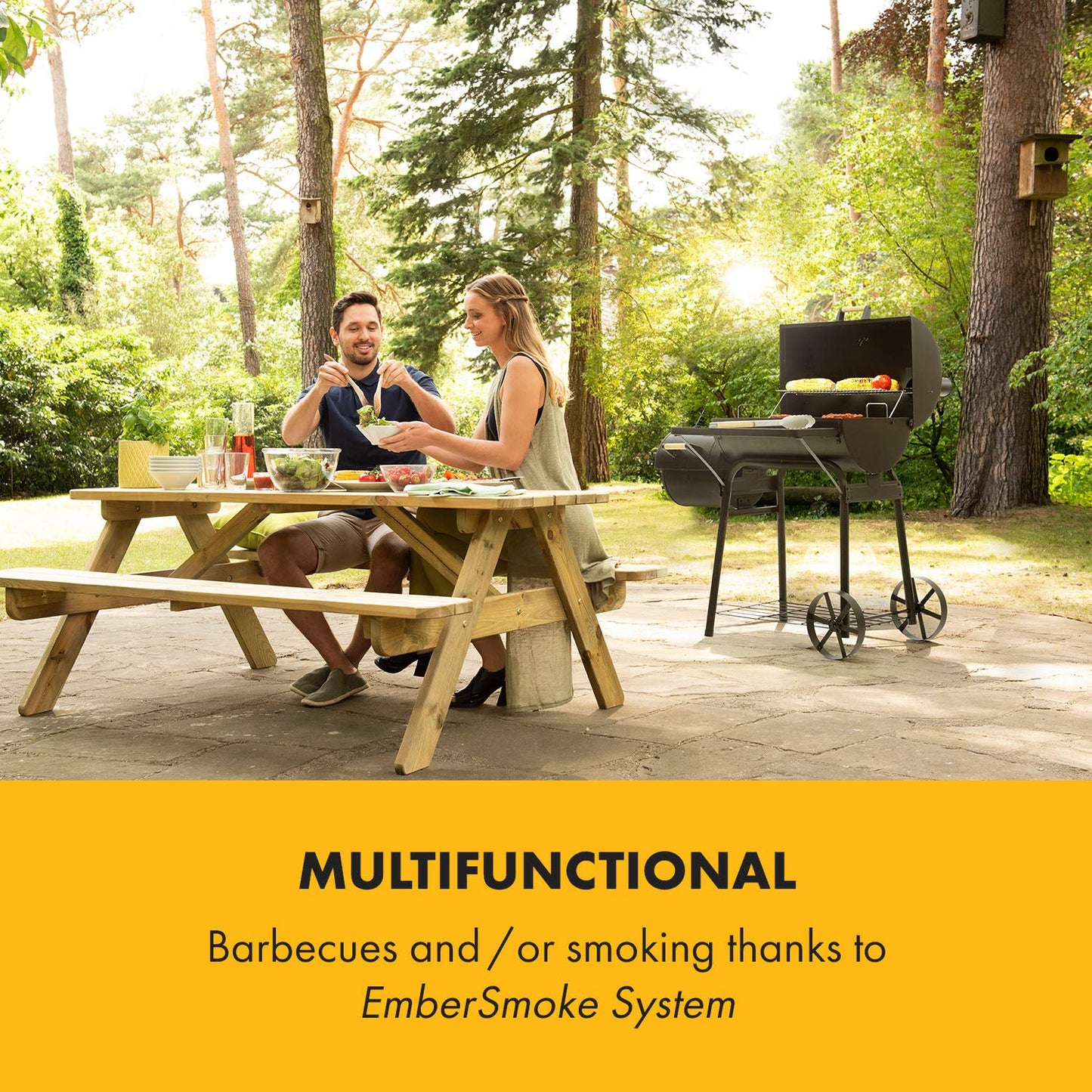 Klarstein Beef Brisket Smoker Grill - Charcoal Grill/Smoker , Stainless Steel Grill , Thermometer in Lid , Two Separate Grill Chambers , Simultaneous Smoking/Grilling , 2 Large Wheels , Black