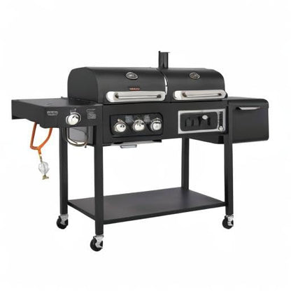 CosmoGrill Hybrid 4 Burner Barbecue DUO Dual Fuel BBQ 3+1 Gas Grill & Charcoal Smoker BBQ Grill, Built-in Thermometer, Warming Rack, Outdoor Portable Large Coal Barbecue for Home Garden Party Cooking
