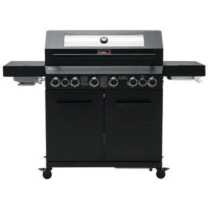 CosmoGrill 8 Burner Platinum Yamara Dark 6+2 Gas BBQ, Viewing Glass, 4 Main Burners, 1 Ceramic Sear Zone, 1 Back Grill, Cast Iron Grills & Bamboo Storage (Black)