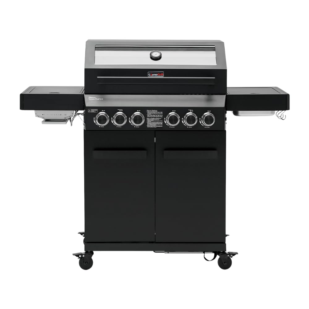 CosmoGrill 6 Burner Platinum Yamara Dark 4+2 Gas BBQ, Viewing Glass, 4 Main Burners, 1 Ceramic Sear Zone, 1 Back Grill, Cast Iron Grills & Bamboo Storage (Black)
