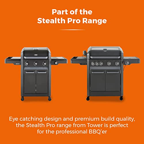 Tower T978525 Stealth Pro 4 Burner 3+1 Gas BBQ with Rotisserie Kit, Including Side Burner, Built-in Thermometer and Waterproof Cover, Black