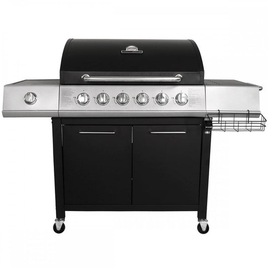CHARLES BENTLEY 7 Burner Premium Gas BBQ Barbecue with Side Burner, Warming Rack, Double Layered Hood, Side Table, Thermometer, Utensil Hooks, Bottle Opener, And More In Black & Grey (156x109cm)