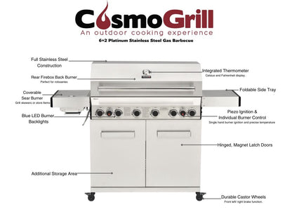 CosmoGrill Platinum Stainless Steel 8 Burner 6+2 Gas BBQ Grill with Waterproof Cover, High-Performance Outdoor Barbecue for Garden Cooking
