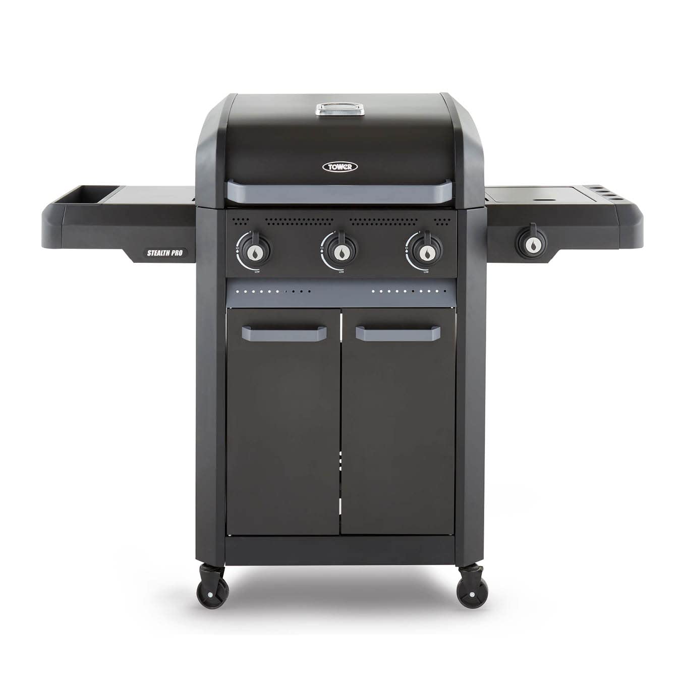 Tower T978525 Stealth Pro 4 Burner 3+1 Gas BBQ with Rotisserie Kit, Including Side Burner, Built-in Thermometer and Waterproof Cover, Black