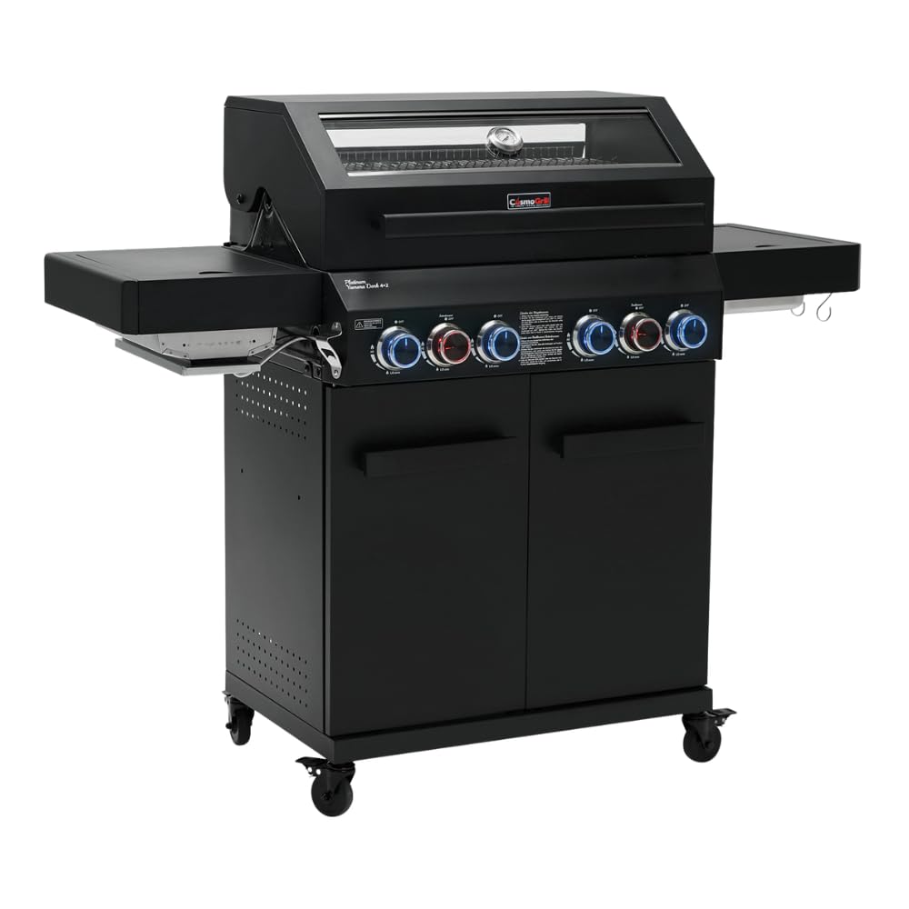 CosmoGrill 6 Burner Platinum Yamara Dark 4+2 Gas BBQ, Viewing Glass, 4 Main Burners, 1 Ceramic Sear Zone, 1 Back Grill, Cast Iron Grills & Bamboo Storage (Black)