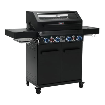 CosmoGrill 6 Burner Platinum Yamara Dark 4+2 Gas BBQ, Viewing Glass, 4 Main Burners, 1 Ceramic Sear Zone, 1 Back Grill, Cast Iron Grills & Bamboo Storage (Black)