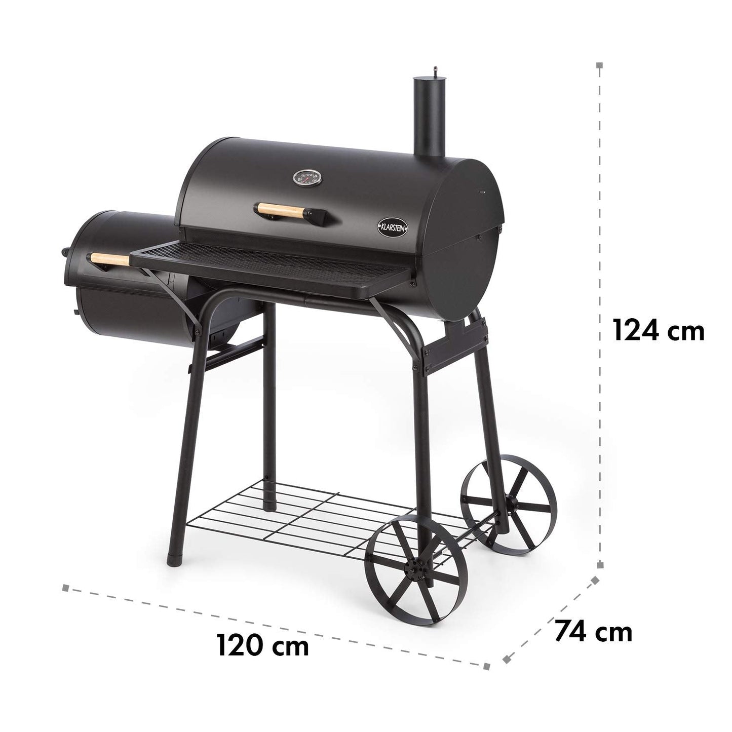 Klarstein Beef Brisket Smoker Grill - Charcoal Grill/Smoker , Stainless Steel Grill , Thermometer in Lid , Two Separate Grill Chambers , Simultaneous Smoking/Grilling , 2 Large Wheels , Black