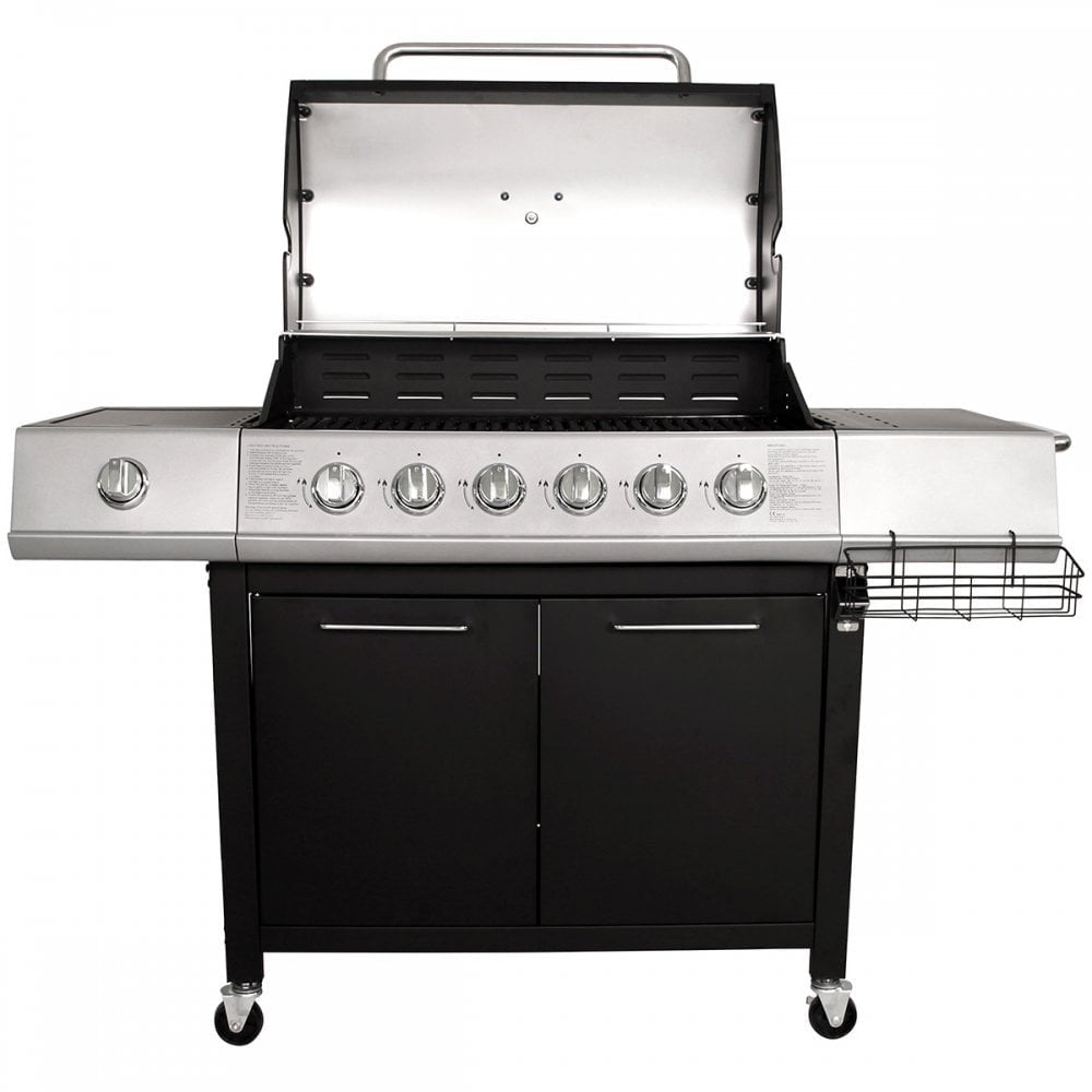 CHARLES BENTLEY 7 Burner Premium Gas BBQ Barbecue with Side Burner, Warming Rack, Double Layered Hood, Side Table, Thermometer, Utensil Hooks, Bottle Opener, And More In Black & Grey (156x109cm)