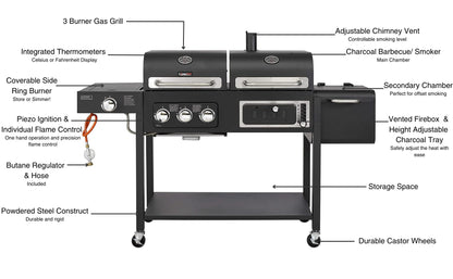 CosmoGrill Hybrid 4 Burner Barbecue DUO Dual Fuel BBQ 3+1 Gas Grill & Charcoal Smoker BBQ Grill, Built-in Thermometer, Warming Rack, Outdoor Portable Large Coal Barbecue for Home Garden Party Cooking