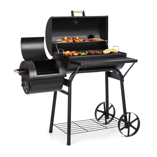 Klarstein Beef Brisket Smoker Grill - Charcoal Grill/Smoker , Stainless Steel Grill , Thermometer in Lid , Two Separate Grill Chambers , Simultaneous Smoking/Grilling , 2 Large Wheels , Black