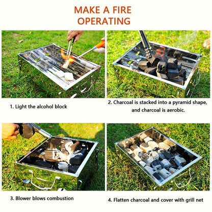 Barbecue Grill Stainless Steel Charcoal Smoker Char Broil Outdoor Barbecue Clip and Oil Brush for Camping Festival Garden Picnic Party (Silver)
