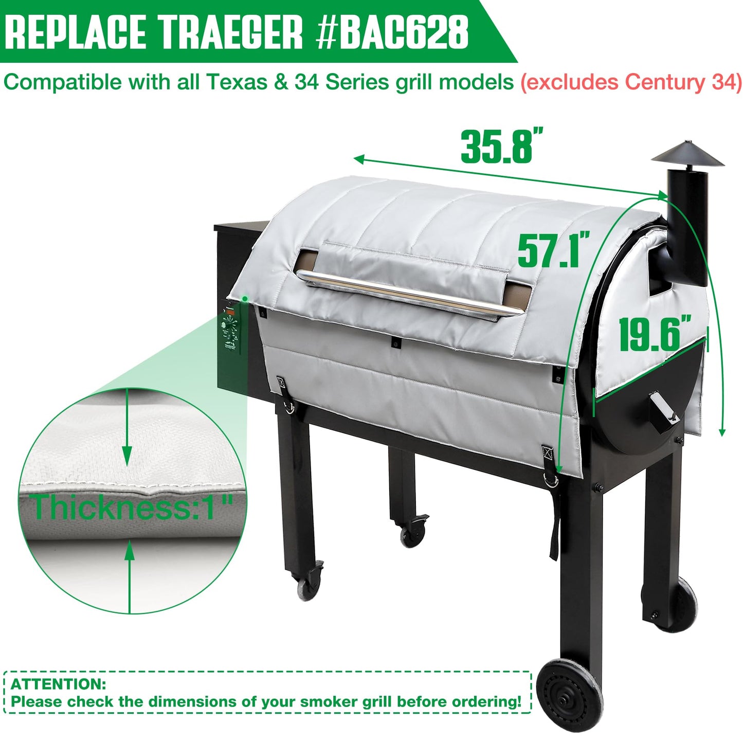 Grill Thermal Insulation Blanket for Traeger Pro Series 34 Texas Smoker Insulated Cover Insulator BAC628 Replacement Parts Winter Cooking Smoking BBQ Grilling Accessory